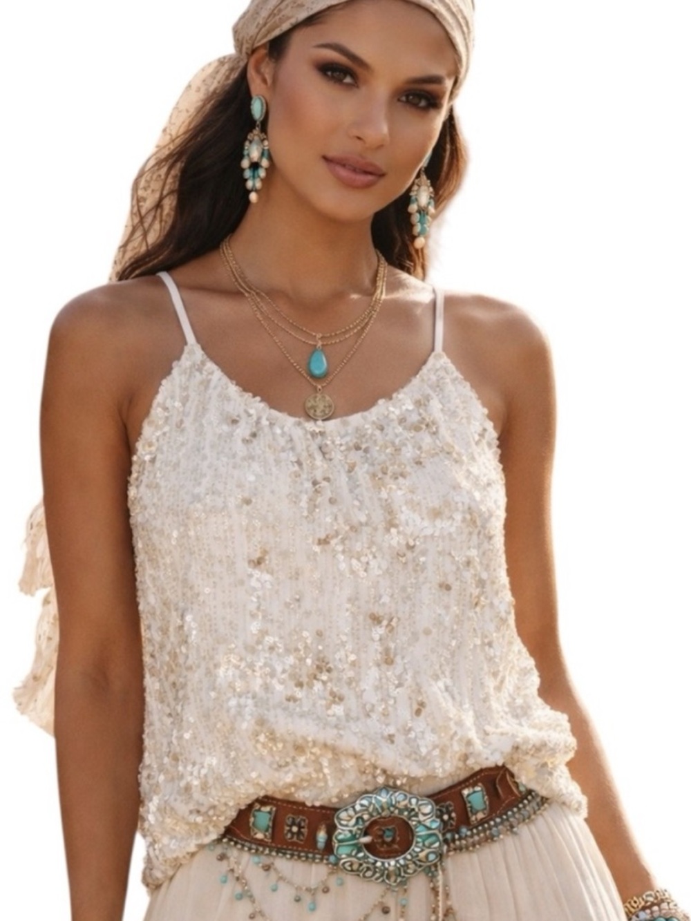 NWT Gold Hawk White Sequin Top
